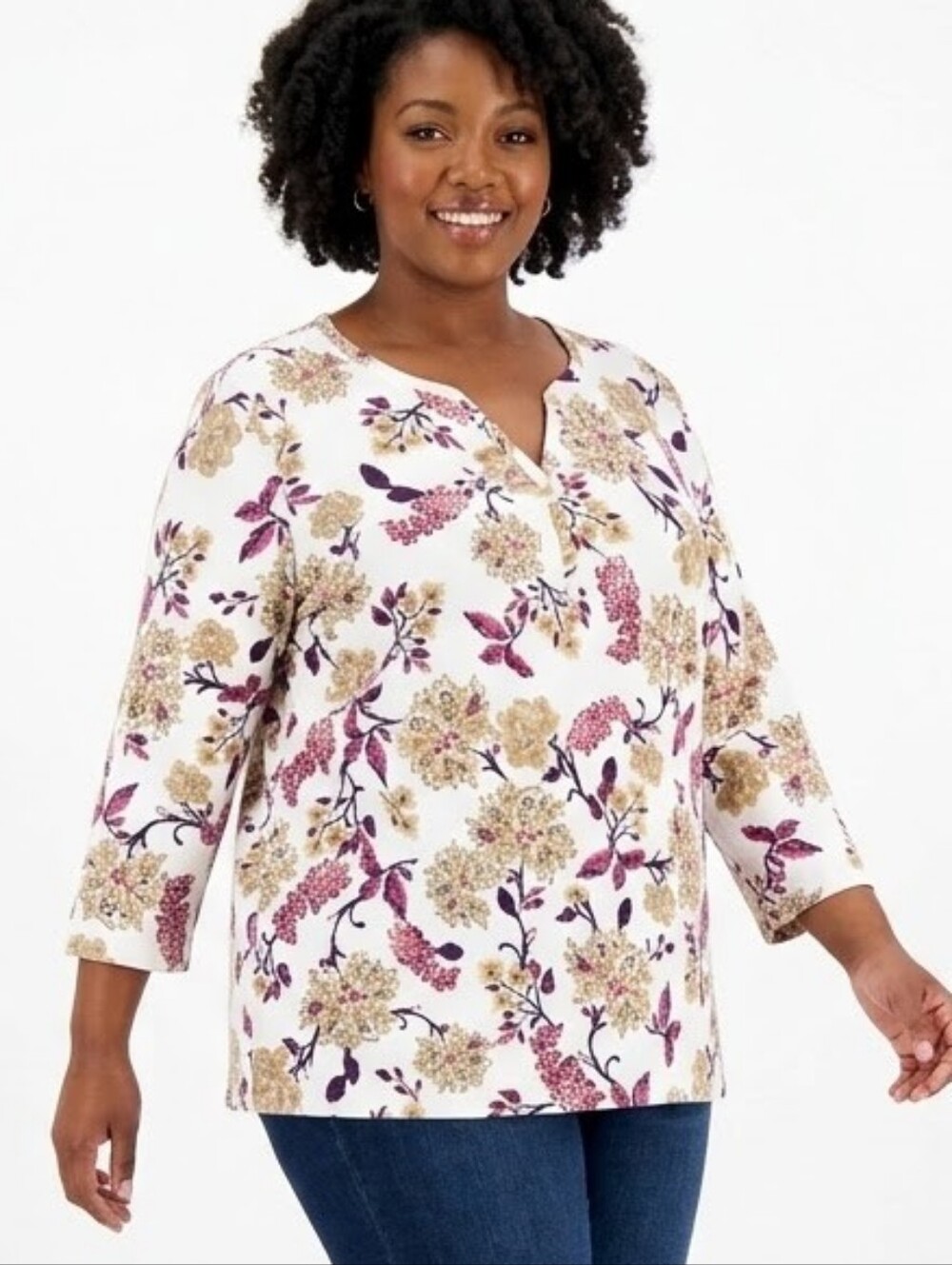 Karen Scott Plus Size Printed 3/4-Sleeve Henley Top